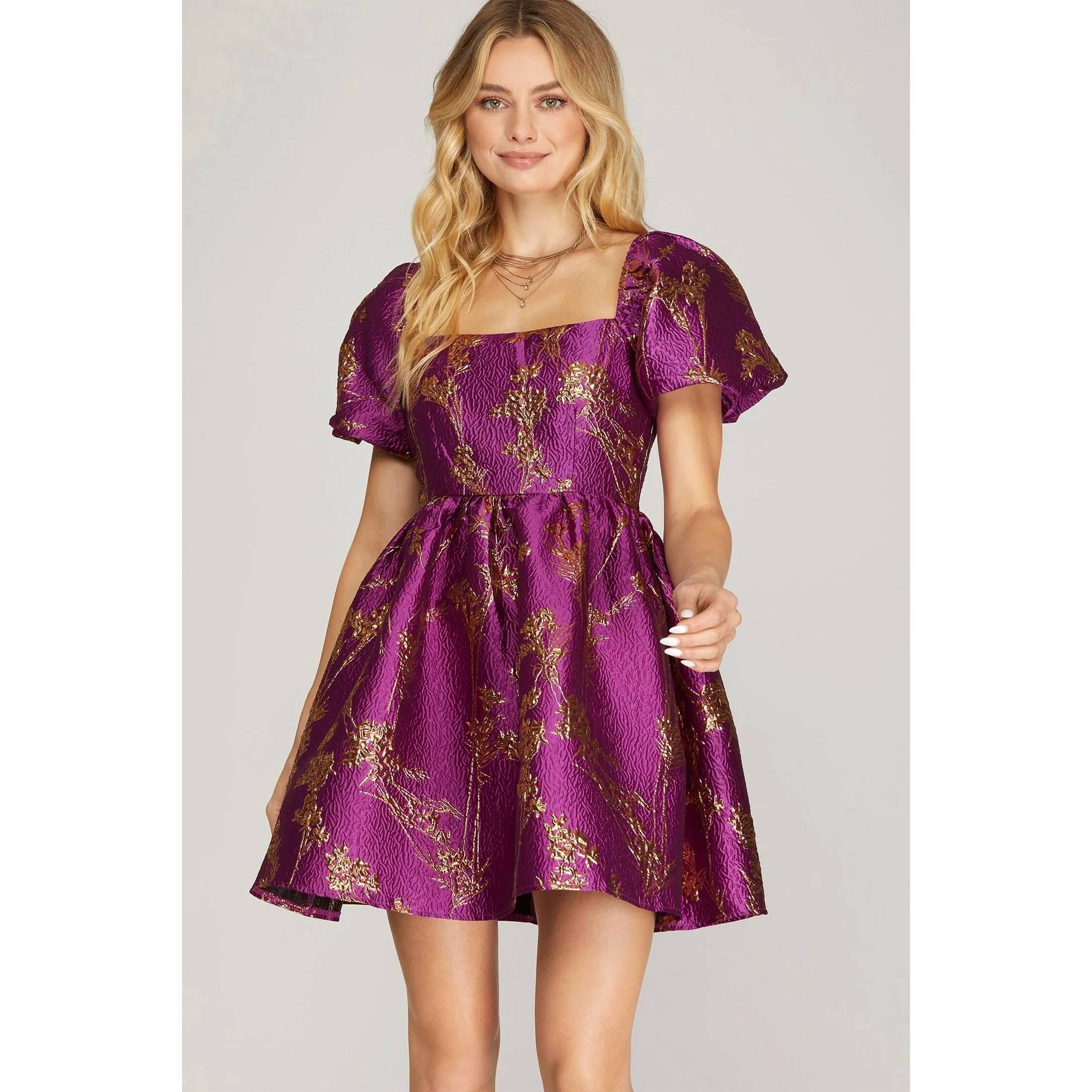 New She + Sky Metallic Jaquard Baby Doll Dress In Magenta